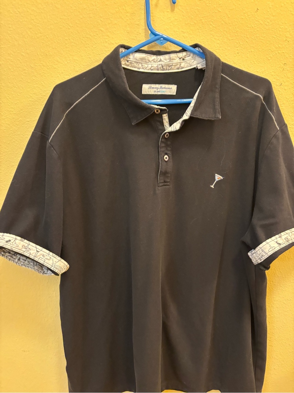 Tommy Bahama Black Polo with Printed Collar & Cuff Trim